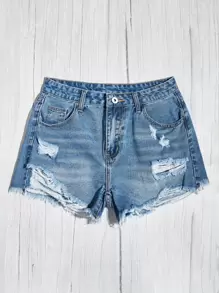 SHEIN EZwear Ripped Raw Hem Denim Shorts - Dark Wash - View 1