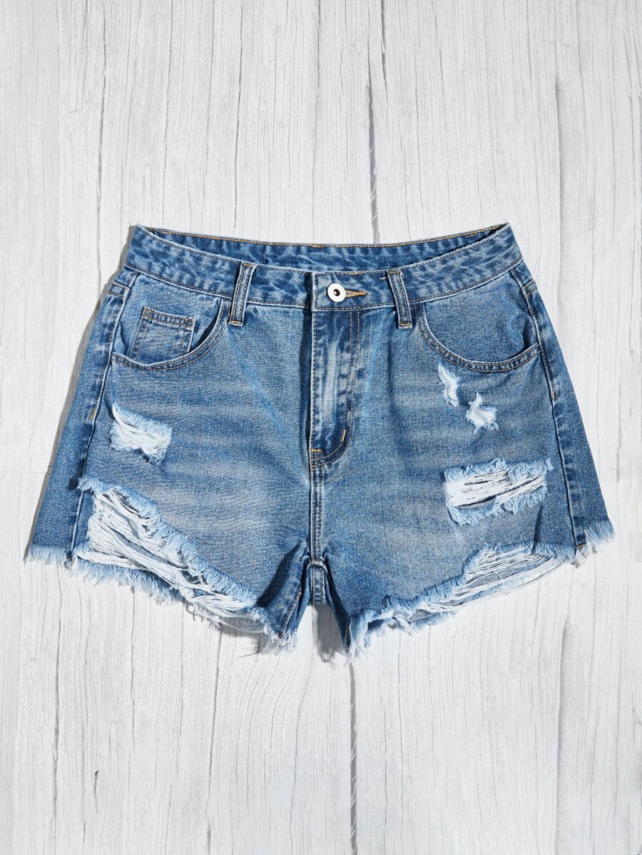 SHEIN EZwear Ripped Raw Hem Denim Shorts - Dark Wash - View 1