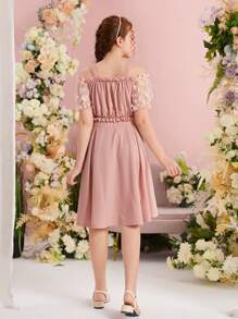 SHEIN 青少年女孩貼花網紗袖上衣和裙子套裝 - 珊瑚粉 - 查看 2