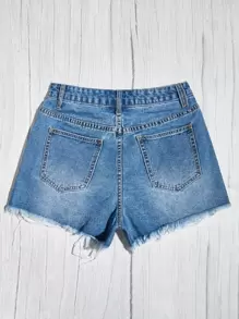 SHEIN EZwear Ripped Raw Hem Denim Shorts - Dark Wash - View 2