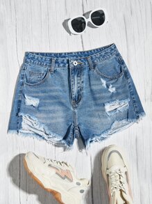 SHEIN EZwear Ripped Raw Hem Denim Shorts - Dark Wash - View 3
