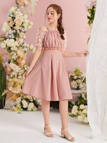 SHEIN 青少年女孩貼花網紗袖上衣和裙子套裝 - 珊瑚粉 - 查看 4