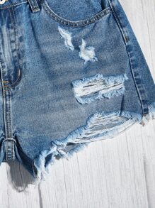 SHEIN EZwear Ripped Raw Hem Denim Shorts - Dark Wash - View 4