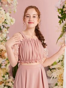 SHEIN 青少年女孩貼花網紗袖上衣和裙子套裝 - 珊瑚粉 - 查看 5