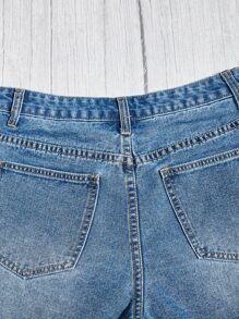 SHEIN EZwear Ripped Raw Hem Denim Shorts - Dark Wash - View 5