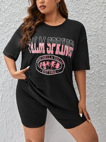 SHEIN EZwear Áo thun Plus size Lá thư Giải trí - màu đen - Xem 1