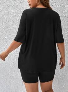 SHEIN EZwear Áo thun Plus size Lá thư Giải trí - màu đen - Xem 2