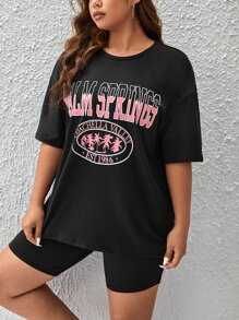 SHEIN EZwear Áo thun Plus size Lá thư Giải trí - màu đen - Xem 4