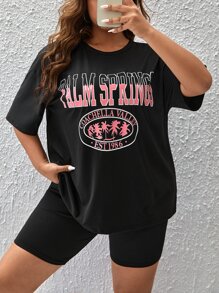 SHEIN EZwear Áo thun Plus size Lá thư Giải trí - màu đen - Xem 5