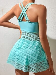 Swim Lushoire Drawstring Front Contrast Lace Swim Dress,Summer Beach - Mint Green - View 2