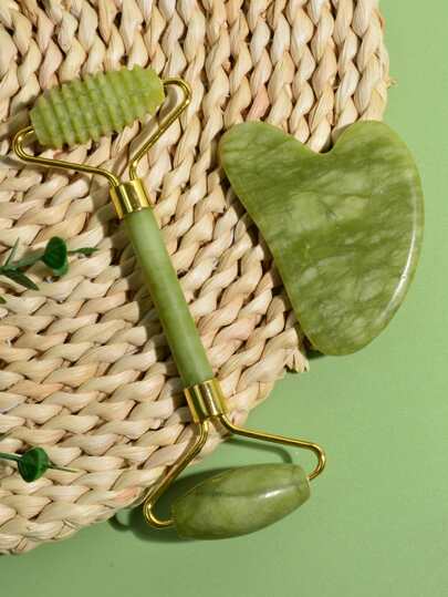 2pcs Natural Jade Rollers Gua Sha Stone Massager For Face Care Beauty Health Skin Scraping Chain Lifting Gouache Massage,Beauty,Skin Care Products,Spa,Self Care,Skin Care Tools,Face Care,Esthetician Supplies,Massage,Face Massage Tool,Face Roller