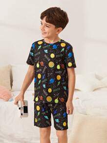 SHEIN Boys Reflective Galaxy Print Tee & Shorts PJ Set - Multicolor - View 2