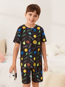 SHEIN Boys Reflective Galaxy Print Tee & Shorts PJ Set - Multicolor - View 3