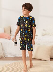 SHEIN Boys Reflective Galaxy Print Tee & Shorts PJ Set - Multicolor - View 4
