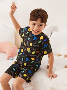 SHEIN Boys Reflective Galaxy Print Tee & Shorts PJ Set - Multicolor - View 6