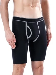 1 pieza Calzoncillos tipo bóxer largos para hombres con abertura frontal, cintura elástica con estampado, ropa interior deportiva cómoda y transpirable - Negro - Ver 1