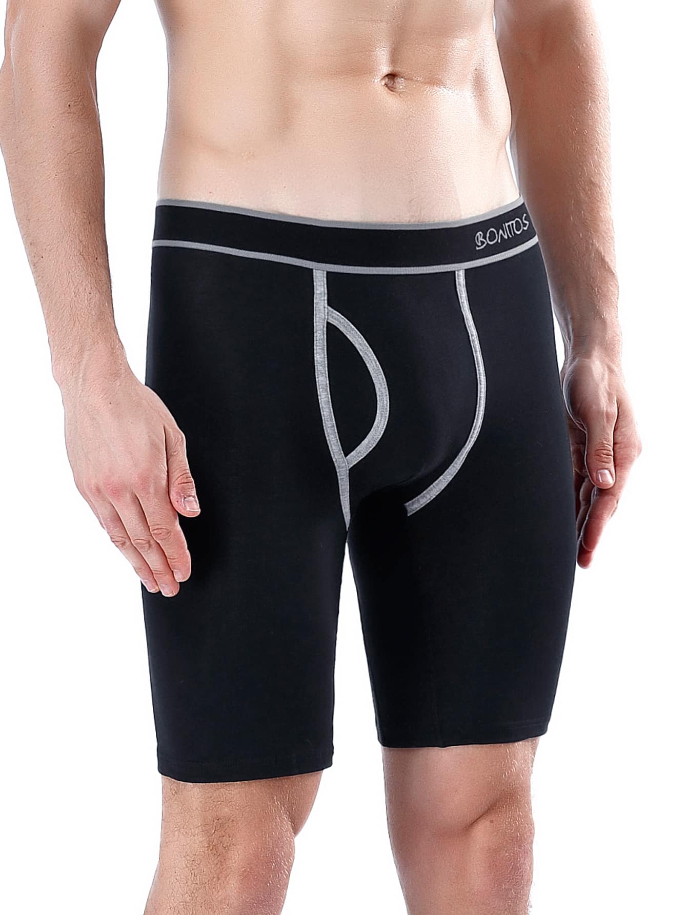 1 pieza Calzoncillos tipo bóxer largos para hombres con abertura frontal, cintura elástica con estampado, ropa interior deportiva cómoda y transpirable - Negro - Ver 1