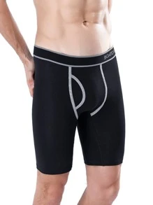1 pieza Calzoncillos tipo bóxer largos para hombres con abertura frontal, cintura elástica con estampado, ropa interior deportiva cómoda y transpirable - Negro - Ver 3