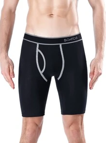 1 pieza Calzoncillos tipo bóxer largos para hombres con abertura frontal, cintura elástica con estampado, ropa interior deportiva cómoda y transpirable - Negro - Ver 4