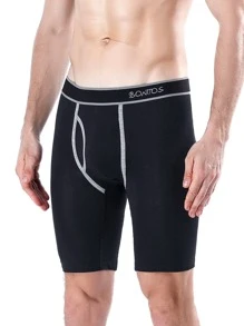 1 pieza Calzoncillos tipo bóxer largos para hombres con abertura frontal, cintura elástica con estampado, ropa interior deportiva cómoda y transpirable - Negro - Ver 5