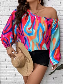 SHEIN Clasi Plus Allover Print Asymmetrical Neck Lantern Sleeve Blouse - Multicolor - View 1