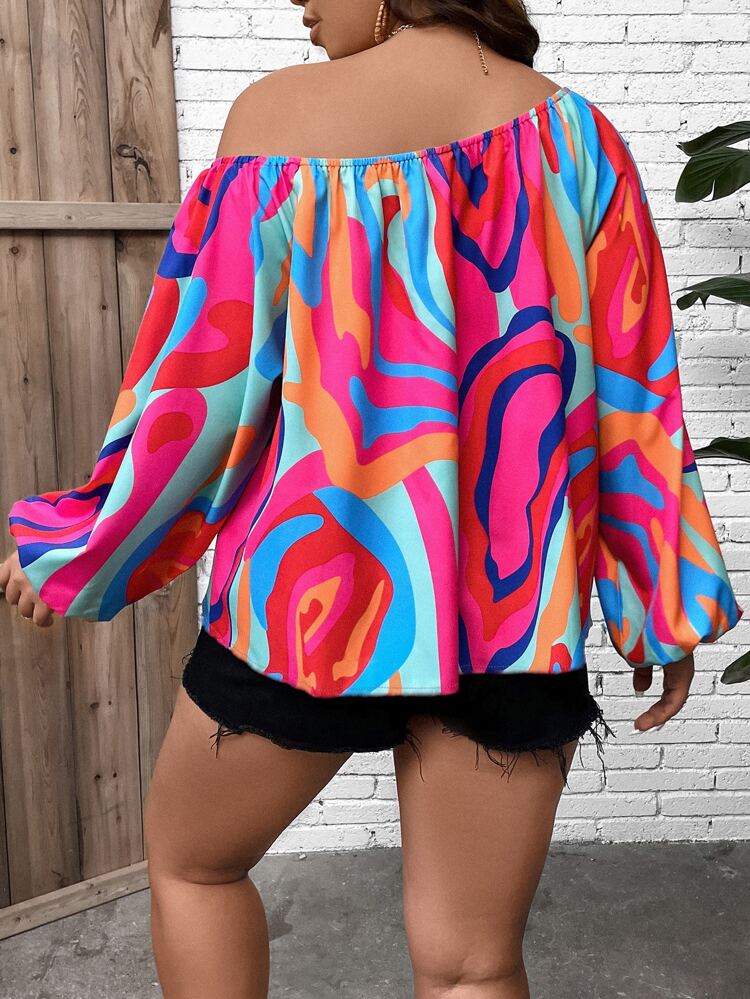 Plus Allover Print Asymmetrical Neck Lantern Sleeve Blouse