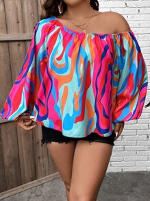 SHEIN Clasi Plus Allover Print Asymmetrical Neck Lantern Sleeve Blouse - Multicolor - View 4