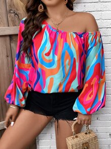 SHEIN Clasi Plus Allover Print Asymmetrical Neck Lantern Sleeve Blouse - Multicolor - View 5