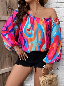 SHEIN Clasi Plus Allover Print Asymmetrical Neck Lantern Sleeve Blouse - Multicolor - View 6