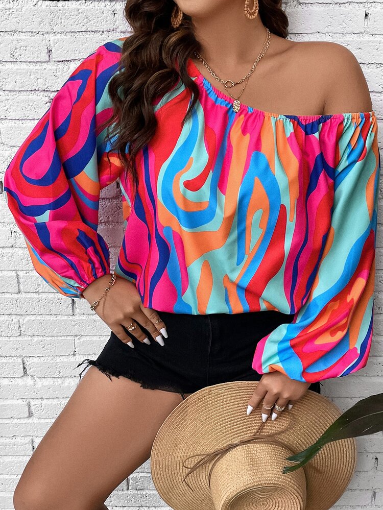 Plus Allover Print Asymmetrical Neck Lantern Sleeve Blouse