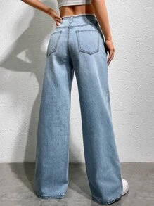 SHEIN EZwear Slant Raw Hem Pocket Wide Leg Jeans - Light Wash - View 2