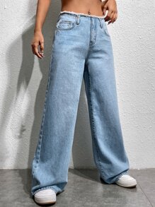 SHEIN EZwear Slant Raw Hem Pocket Wide Leg Jeans - Light Wash - View 3
