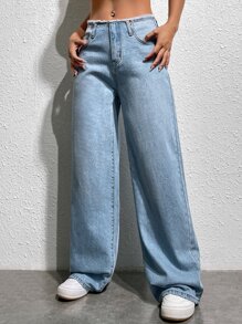 SHEIN EZwear Slant Raw Hem Pocket Wide Leg Jeans - Light Wash - View 5
