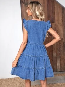 SHEIN Frenchy Women's Casual Washed Front Button Ruffle Hem Denim Dress, Summer Winter - Medium Wash - View 2