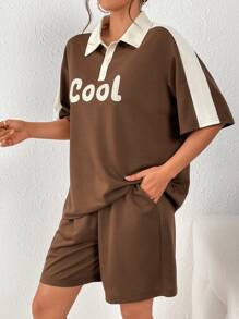 INAWLY Bộ đồ hai mảnh nữ Tương phản ren Nút phía trước Lá thư Giải trí - màu nâu - Xem 3