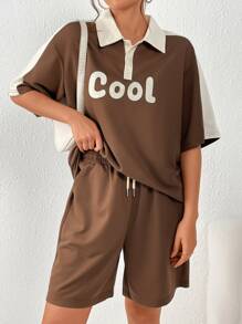 INAWLY Bộ đồ hai mảnh nữ Tương phản ren Nút phía trước Lá thư Giải trí - màu nâu - Xem 4