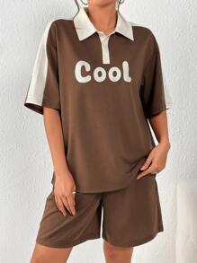 INAWLY Bộ đồ hai mảnh nữ Tương phản ren Nút phía trước Lá thư Giải trí - màu nâu - Xem 5