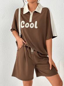 INAWLY Bộ đồ hai mảnh nữ Tương phản ren Nút phía trước Lá thư Giải trí - màu nâu - Xem 6