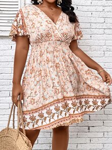 SHEIN Holidaya Plus Floral Print Butterfly Sleeve Dress - Baby Pink - View 3