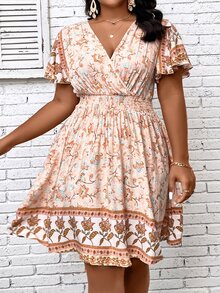 SHEIN Holidaya Plus Floral Print Butterfly Sleeve Dress - Baby Pink - View 4