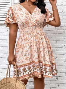 SHEIN Holidaya Plus Floral Print Butterfly Sleeve Dress - Baby Pink - View 5