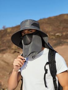 1 sombrero de playa de dos tonos para hombre con solapa para el cuello, sombrero de protección solar para el cuello, gorra sólida ajustable transpirable para pesca al aire libre, senderismo, camping, vacaciones de verano - Gris - Ver 3