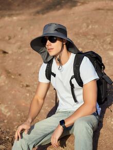 1 sombrero de playa de dos tonos para hombre con solapa para el cuello, sombrero de protección solar para el cuello, gorra sólida ajustable transpirable para pesca al aire libre, senderismo, camping, vacaciones de verano - Gris - Ver 8