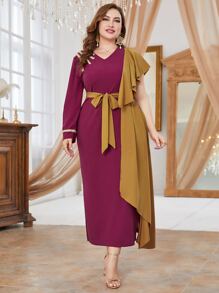 Modelyn Plus Two Tone Ruffle Trim Belted Dress - Pink - View 1