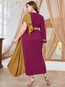 Modelyn Plus Two Tone Ruffle Trim Belted Dress - Pink - View 2