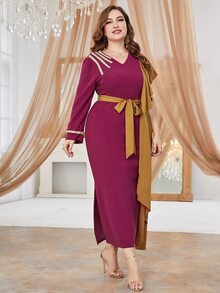 Modelyn Plus Two Tone Ruffle Trim Belted Dress - Pink - View 3