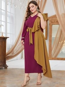 Modelyn Plus Two Tone Ruffle Trim Belted Dress - Pink - View 5