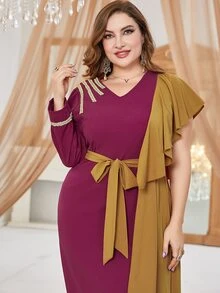 Modelyn Plus Two Tone Ruffle Trim Belted Dress - Pink - View 6