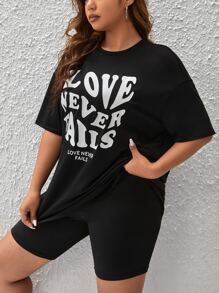 SHEIN EZwear Camiseta de hombros caídos con estampado de slogan - Negro - Ver 3