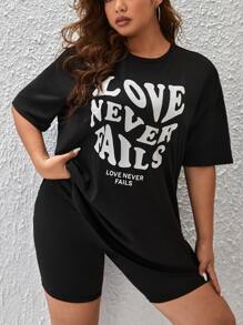 SHEIN EZwear Camiseta de hombros caídos con estampado de slogan - Negro - Ver 4
